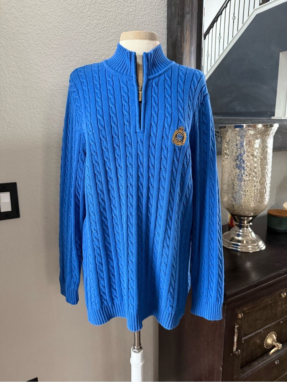 Lauren Ralph Lauren cobalt blue cable knit quarter-zip crest logo collegiate 1X